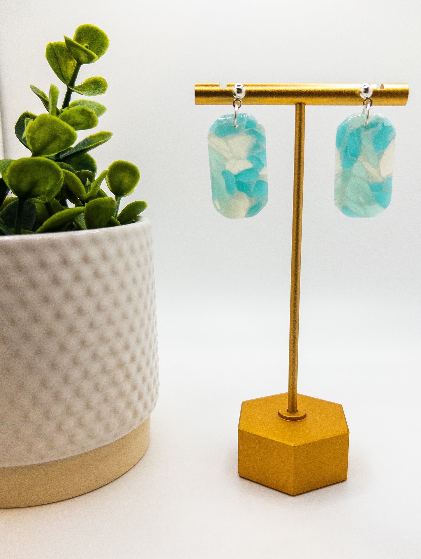 Aqua Blue Sea Glass Elongated Octagon Dangle