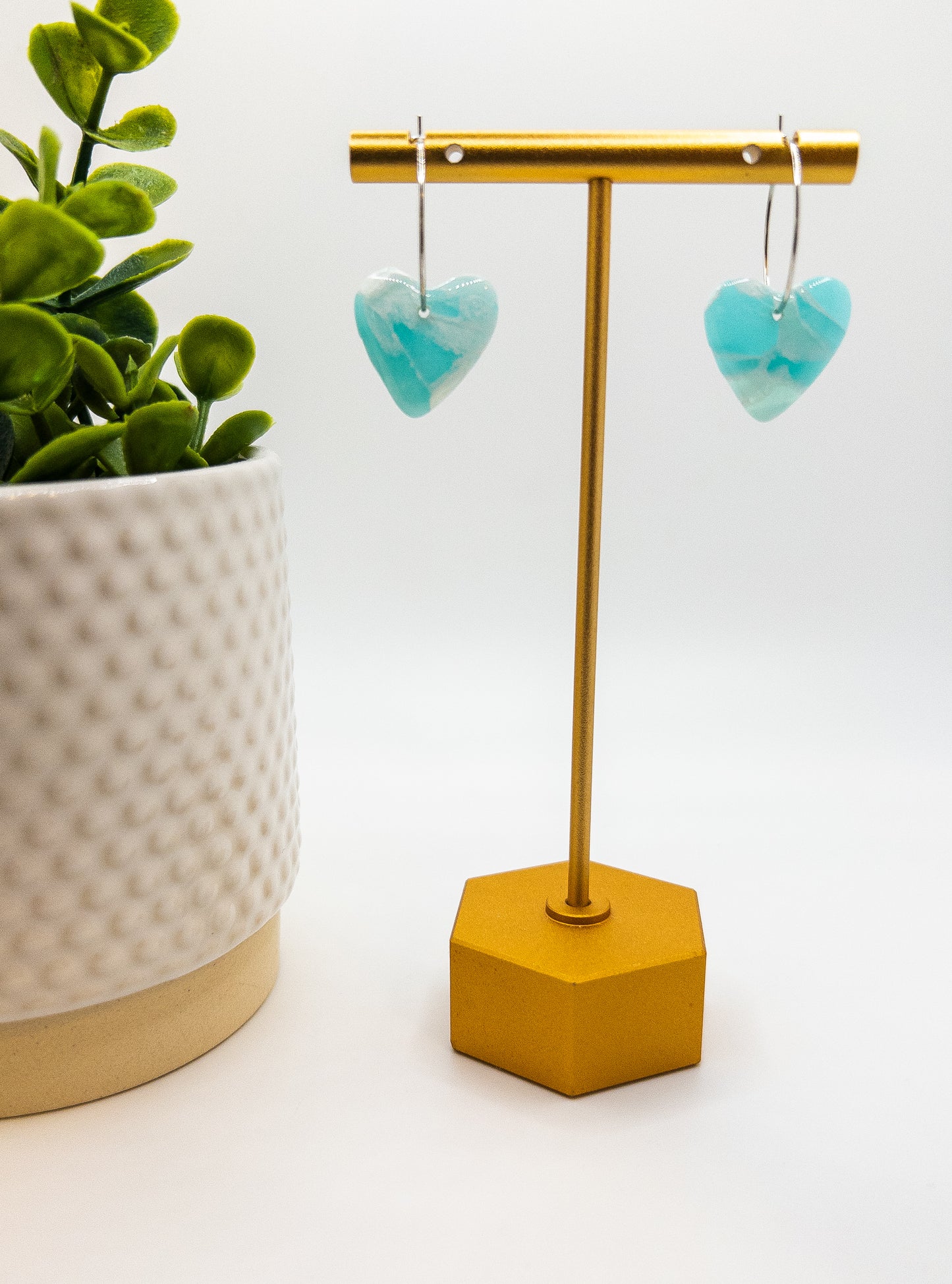 Aqua Blue Sea Glass Heart Hoop Dangle
