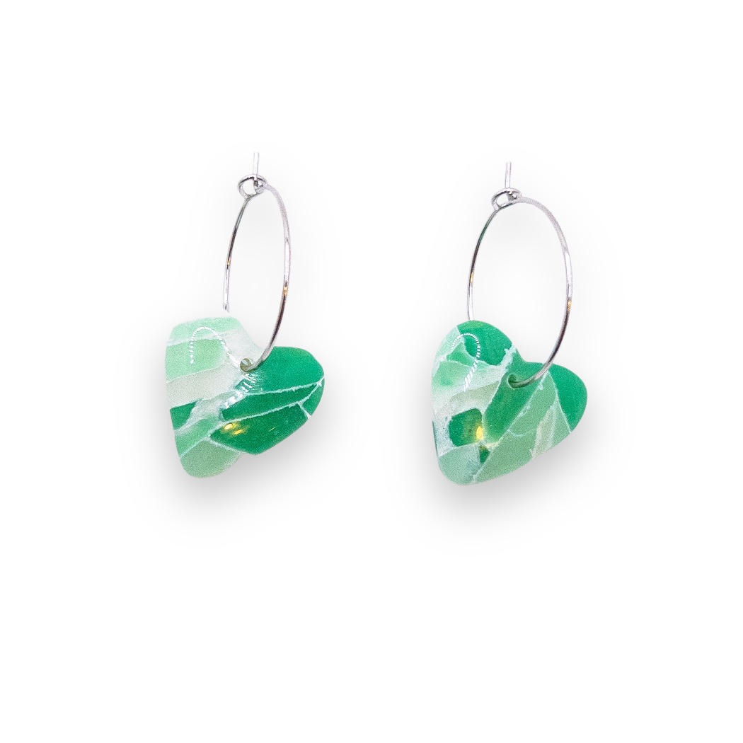 Emerald Current Sea Glass Heart Hoop Dangle