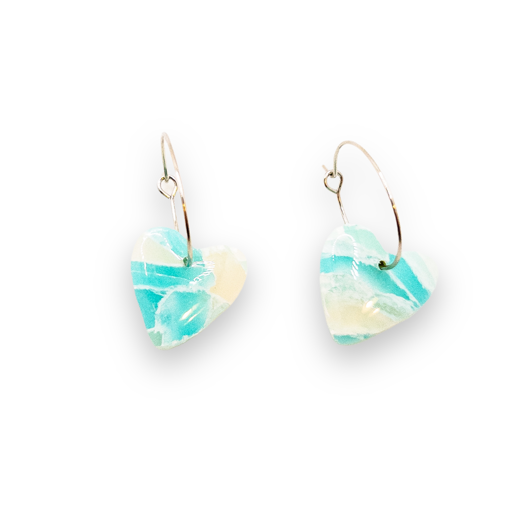Aqua Blue Sea Glass Heart Hoop Dangle