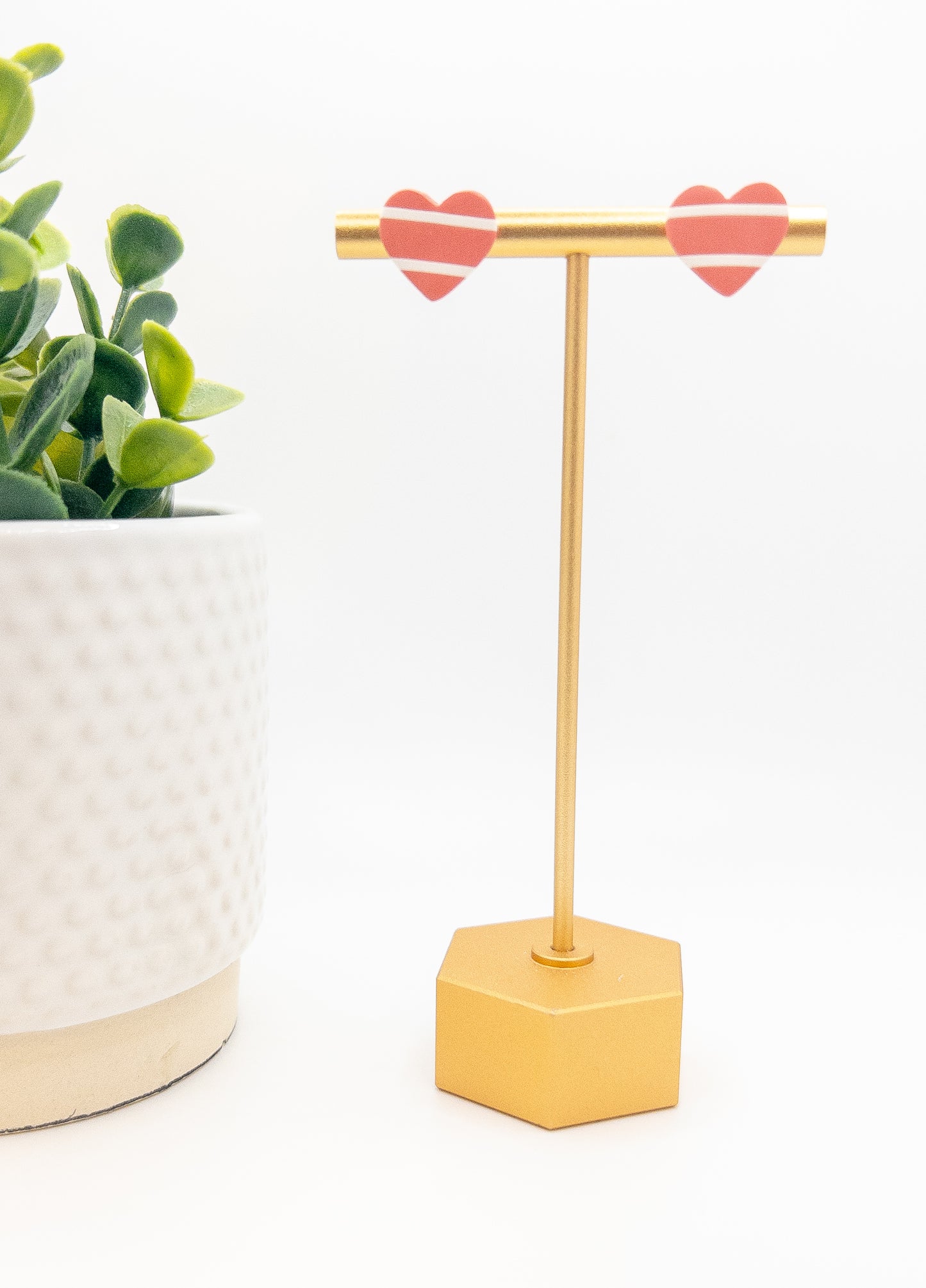 Coral Stripe Heart Stud