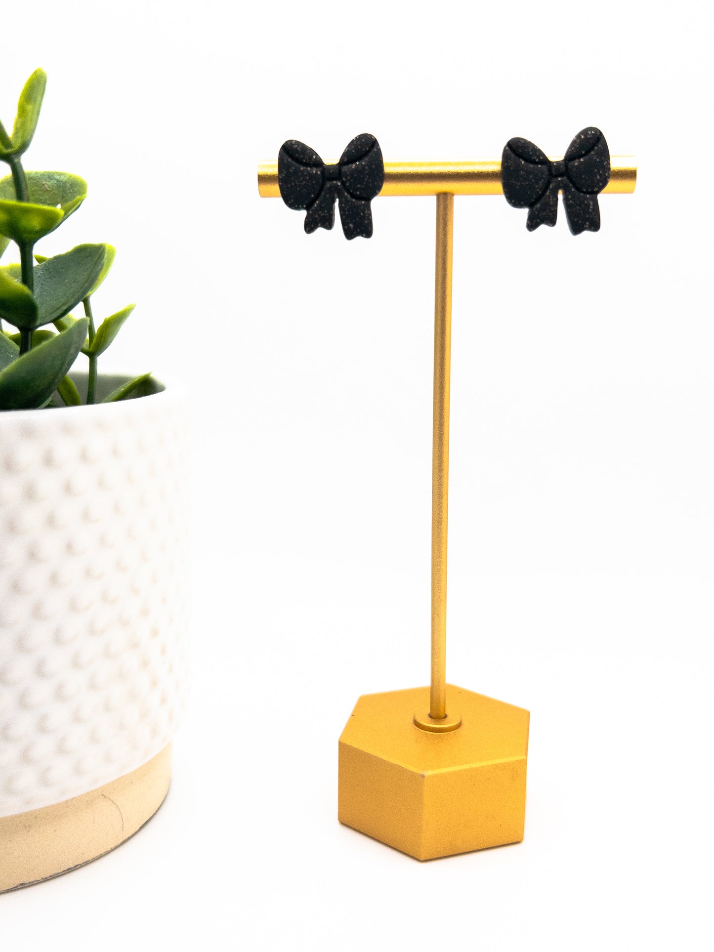 Bow Stud, Black with Silver and Gold Specks