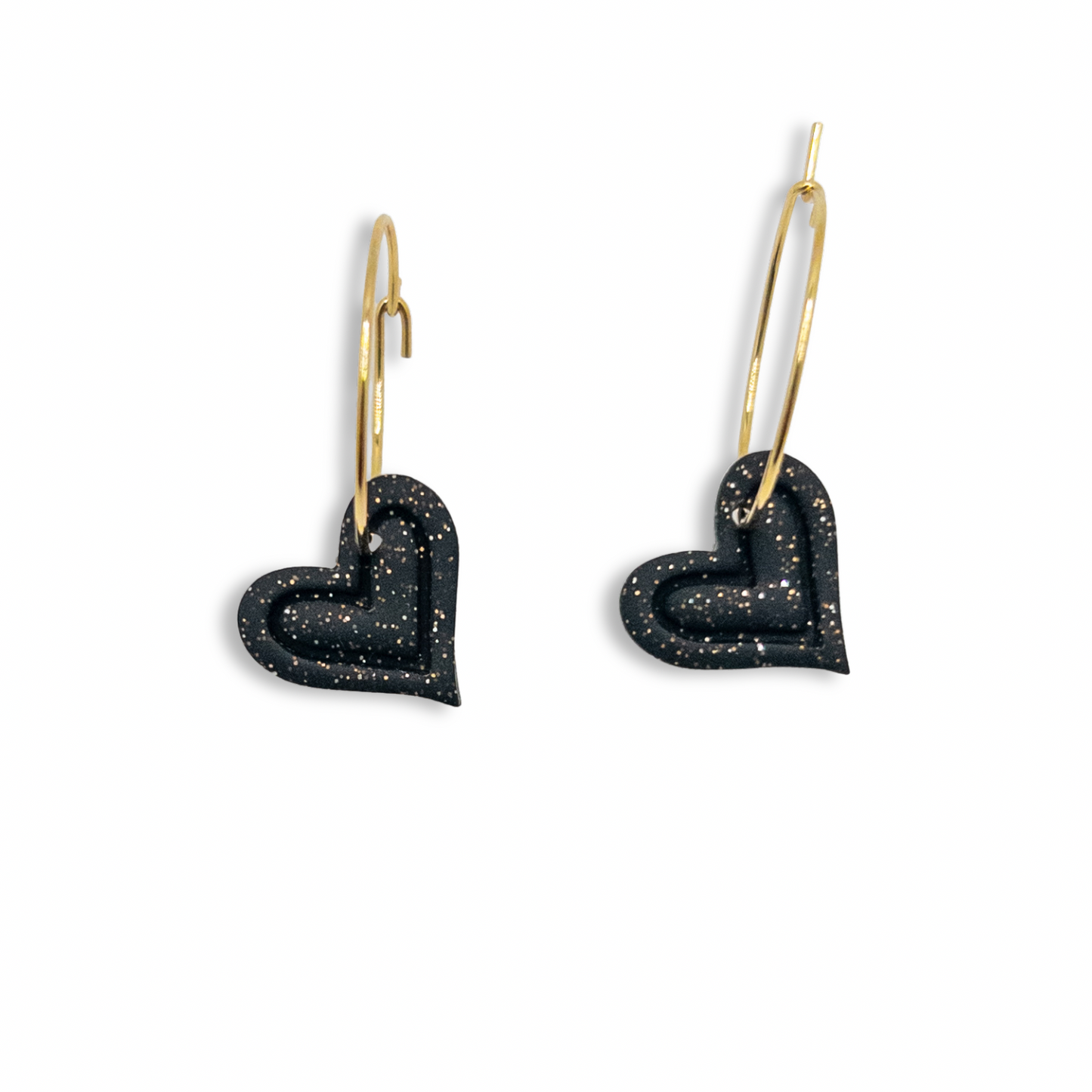 Sweetheart Hoop Earrings, Black with Gold and Silver Sparkles