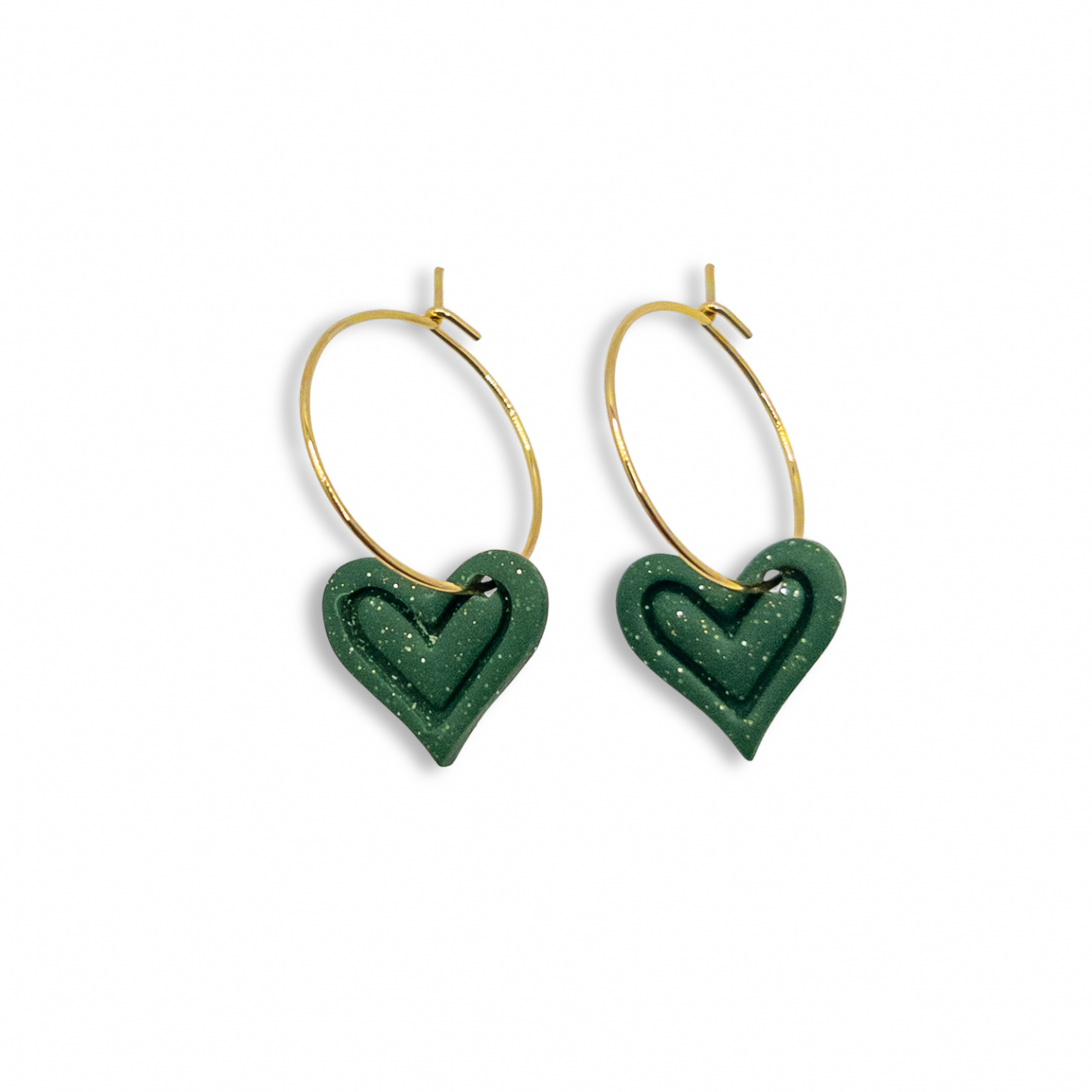 Sweetheart Hoop Earrings, Juniper Green with Gold and Silver Sparkles