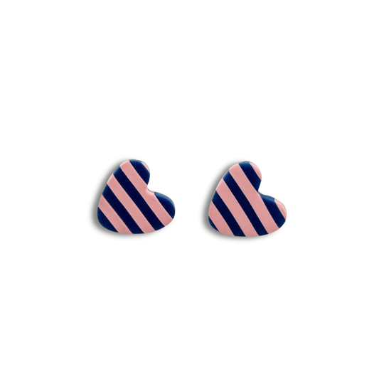 Mini Heart Stud, Navy and Pink Stripes
