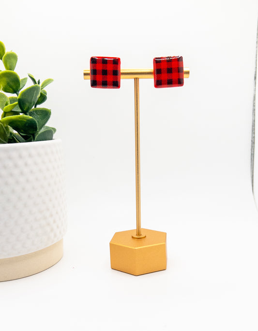 Buffalo plaid large square studs