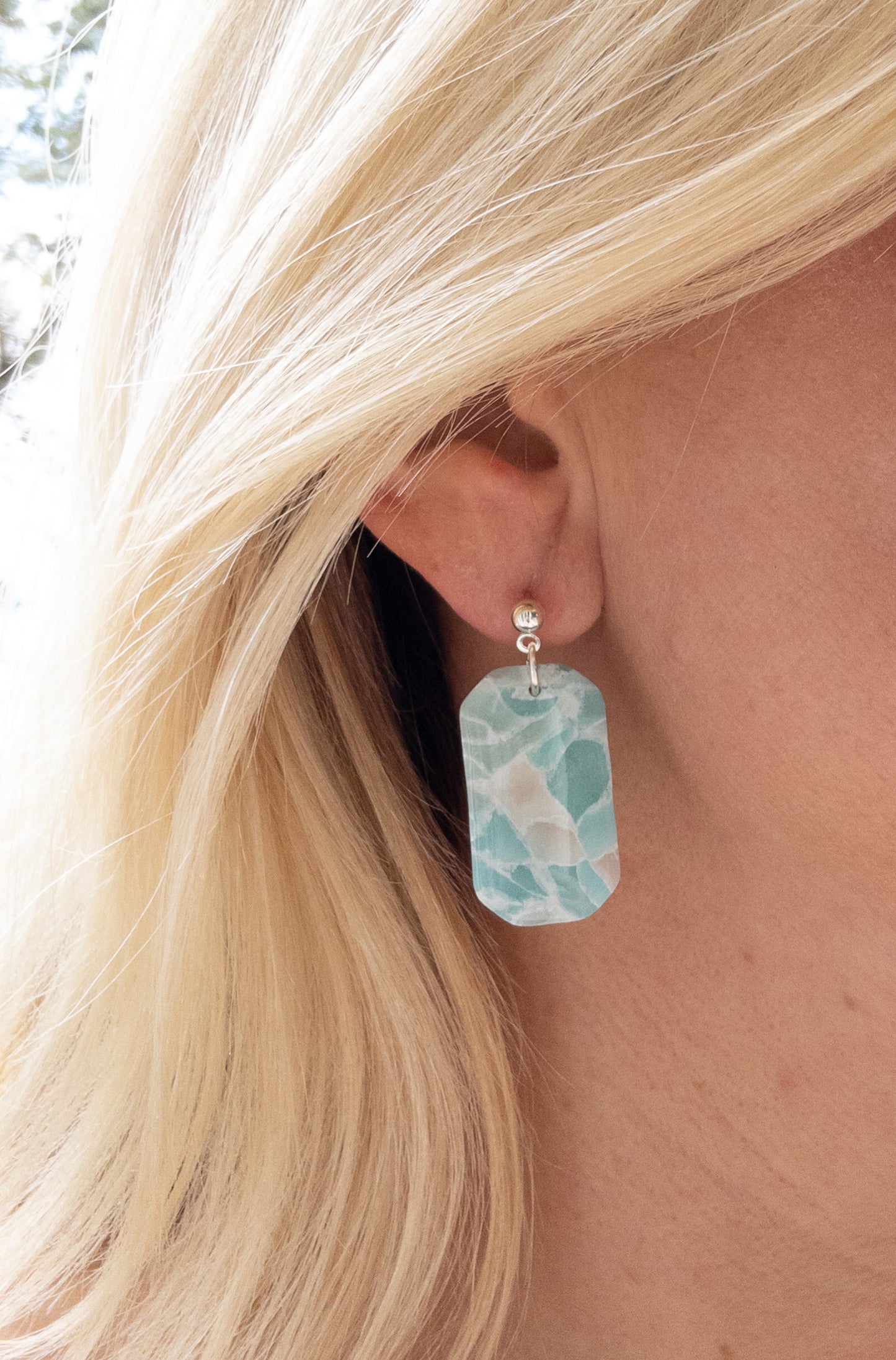 Aqua Blue Sea Glass Elongated Octagon Dangle