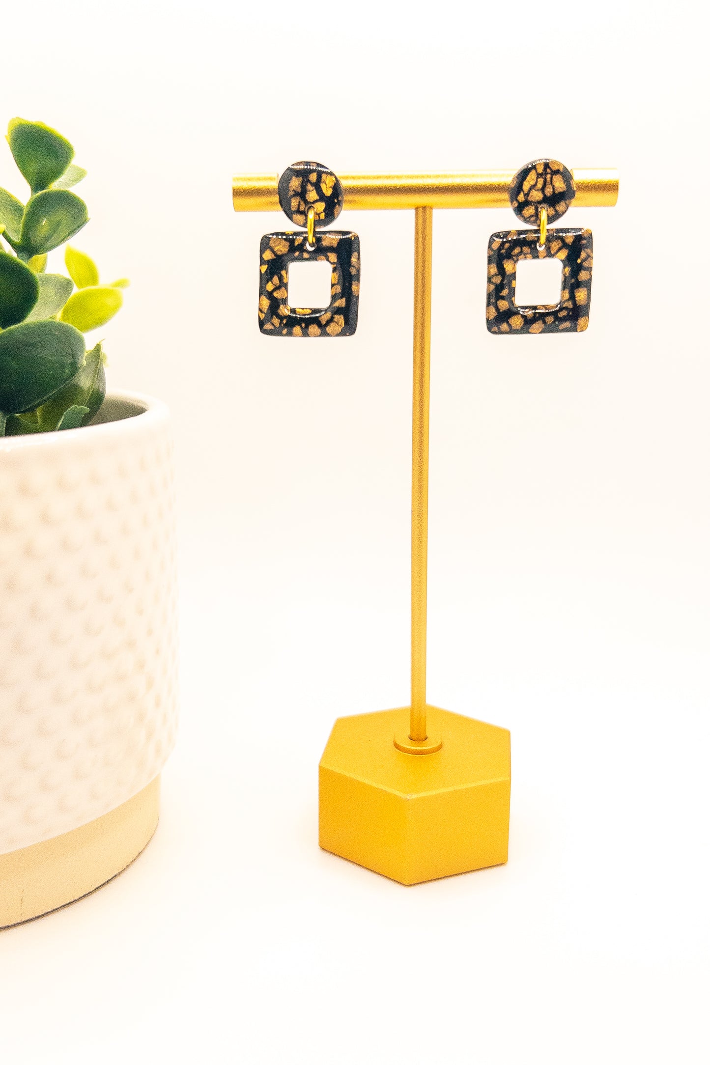 Black with Cracked Gold, Square Donut Dangle