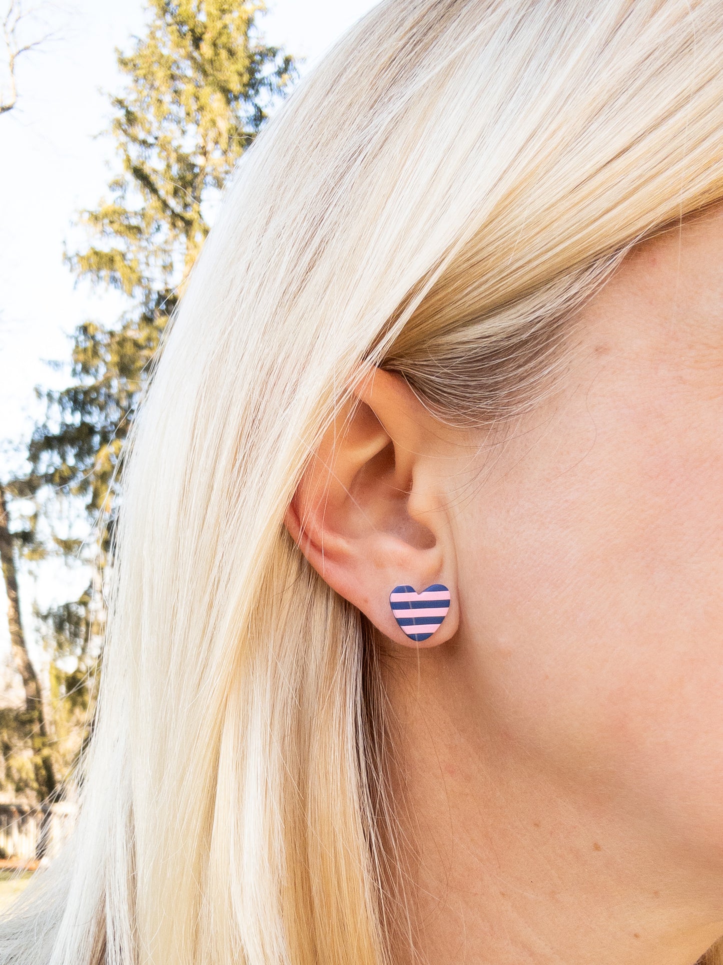 Mini Heart Stud, Navy and Pink Stripes