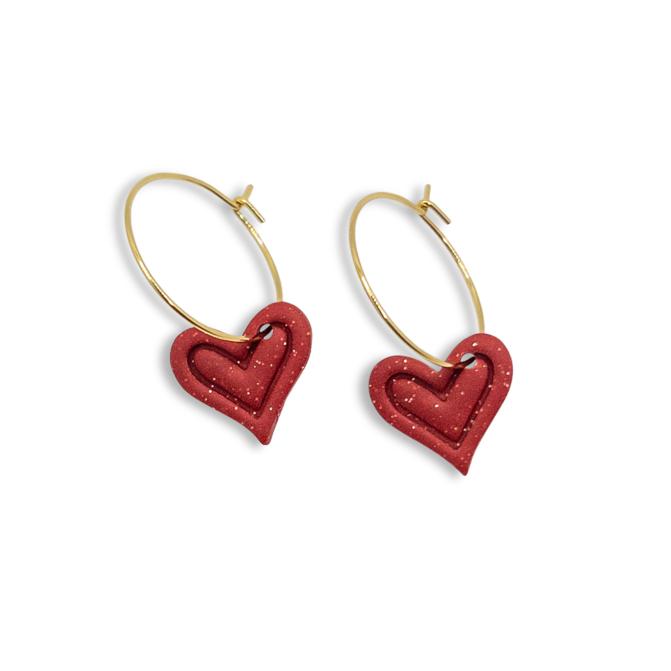 Sweetheart Hoop Earrings, Cranberry Red with Gold and Silver Sparkles