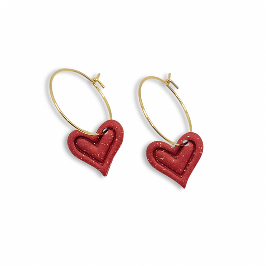 Sweetheart Hoop Earrings, Cranberry Red with Gold and Silver Sparkles