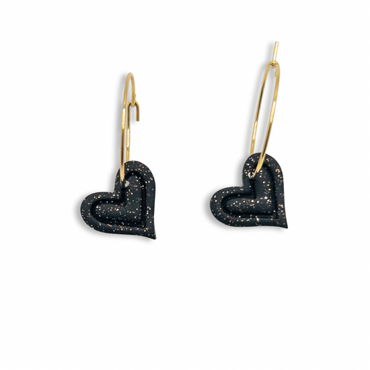 Sweetheart Hoop Earrings, Black with Gold and Silver Sparkles
