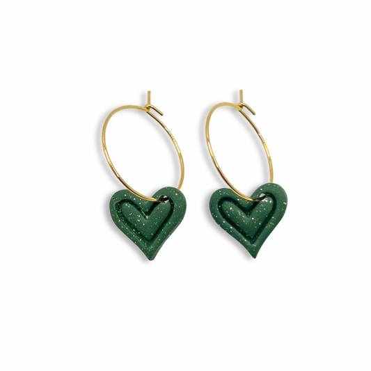 Sweetheart Hoop Earrings, Juniper Green with Gold and Silver Sparkles